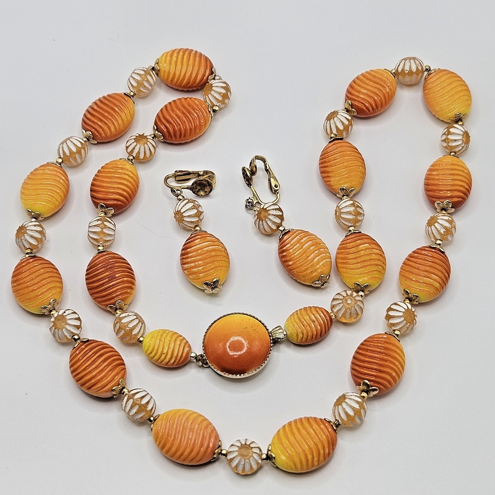 Vintage Orange Yellow Acrylic Necklace & Earrings Hong Kong Floral 25"